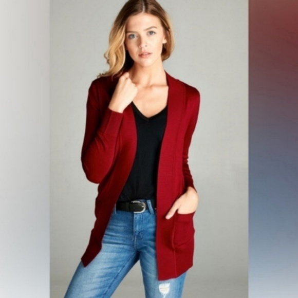 Sweaters - Basic Burgundy Open Style Pocket Cardigan